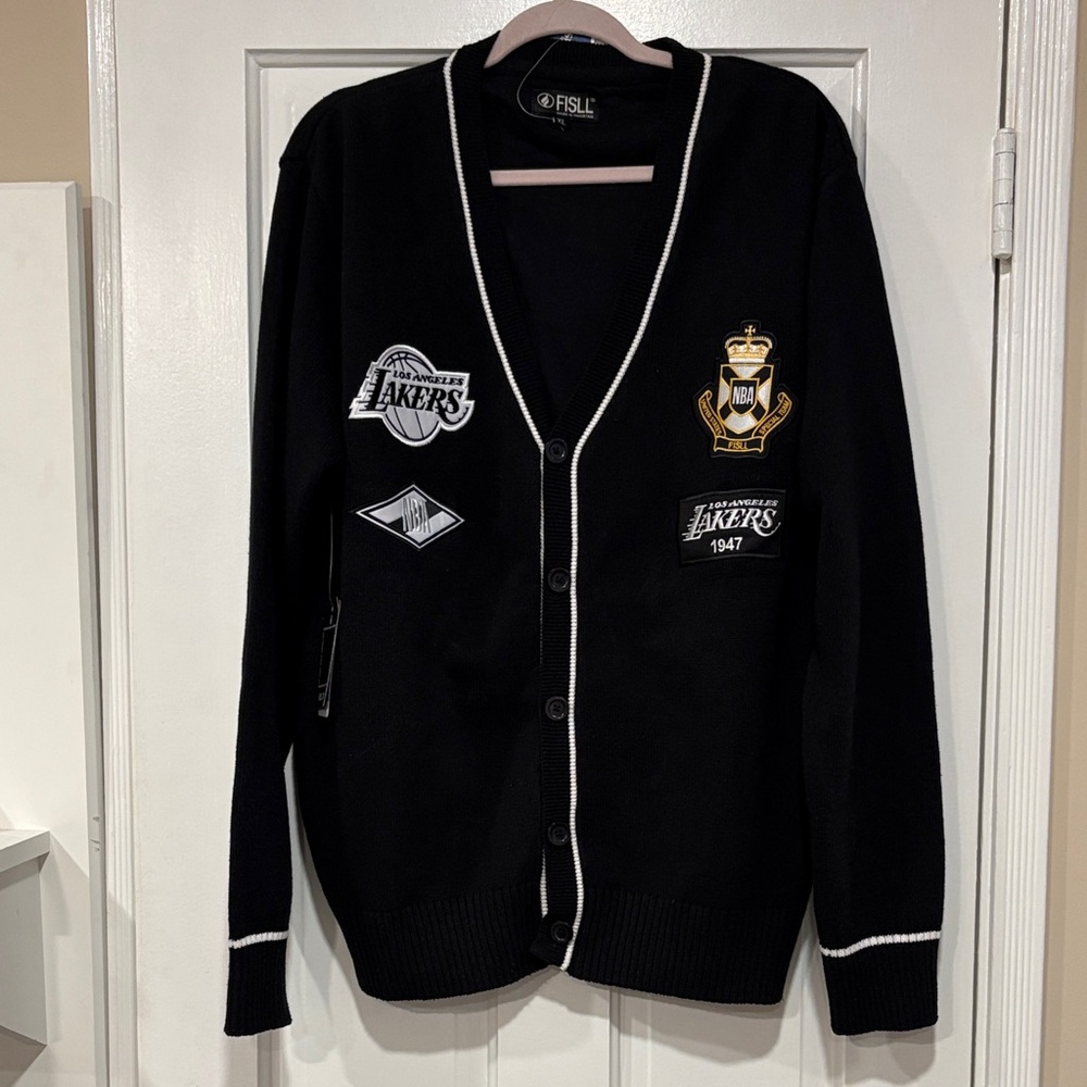 NWT FISLL LA Lakers NBA Unisex Black Cardigan with Team Patches XL